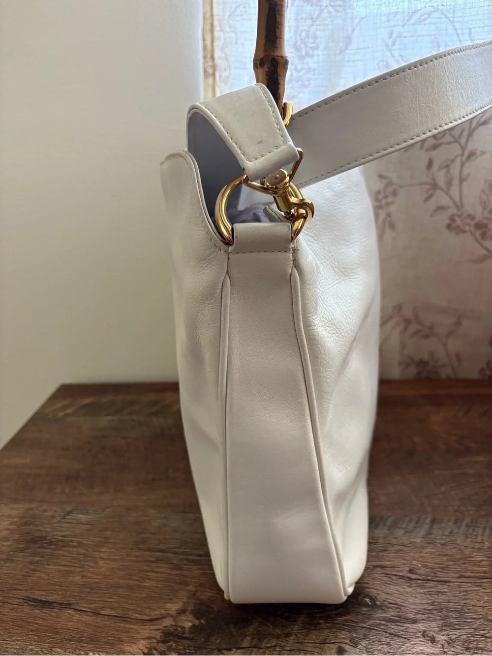 Gucci White Leather Bamboo-Handle Bag